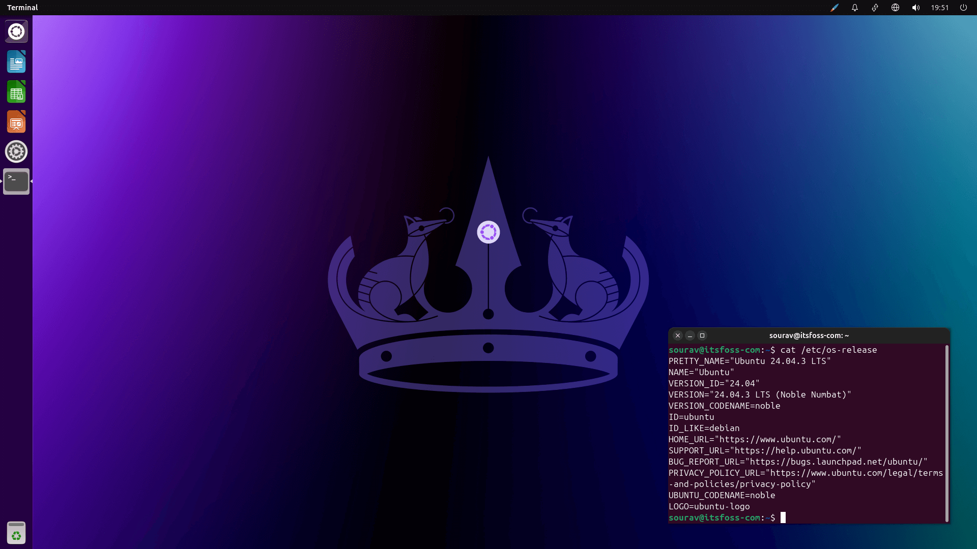 ubuntu unity 24.04 lts dekstop view is shown here with a cool unity interface and a terminal window open on the bottom right, showing some details related to this release