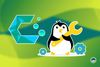 the cachyos logo is placed besides a penguin that has a wrench in its hand, and two gears near it