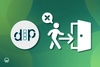 dash to panel logo on the left, an illustration of a person existing via a door on the right