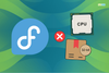 fedora logo on left, cross mark in the center, two illustration of a cpu and a box on the right with cpu and 32-bit written on them
