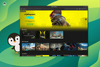 a screenshot of geforce infinity in the middle, a cute penguin looking out from the side on the left, the background is a wavy mixed green