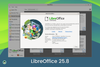 libreoffice 25.8's about dialog is shown in the front, with the office suite itself in the background