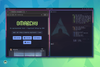 against a mixed blue green background, a screenshot of omarchy is shown, it has the omarchy website and a fastfetch output in it