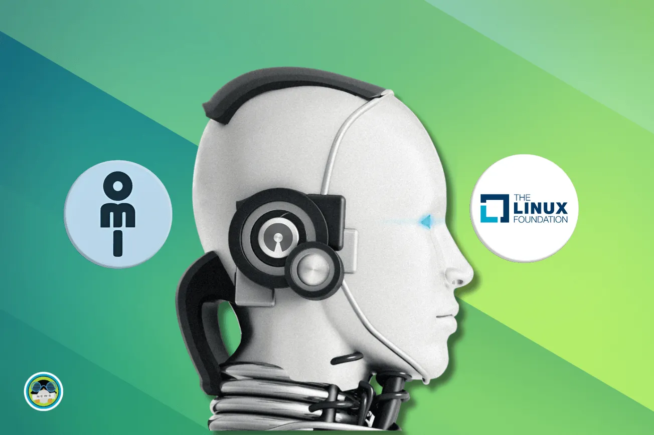 an illustration showing the logos for omi, the linux foundation, and itsfoss, with a humanoid robot in the middle