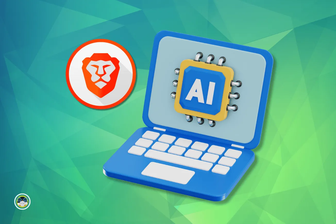 brave browser ai integration illustration with its logo and an AI powered 3d cartoon laptop