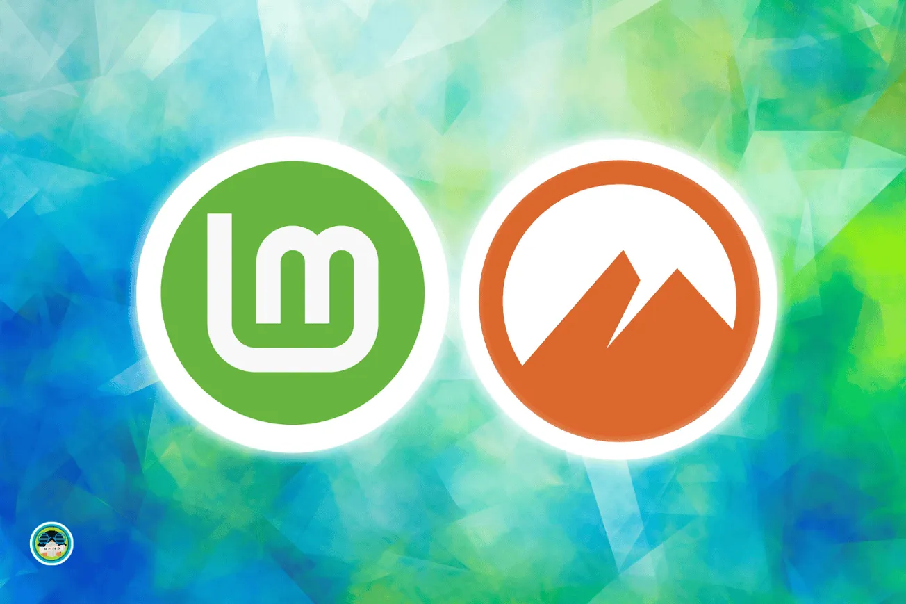 a picture with blue-green background and linux mint plus cinnamon desktop logo