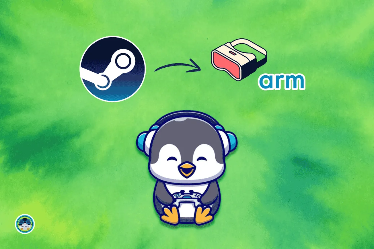 steam on vr and arm illustration with two icons and a penguine holding a gamepad