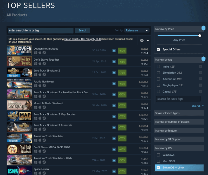 Steam Top Sellers Linux