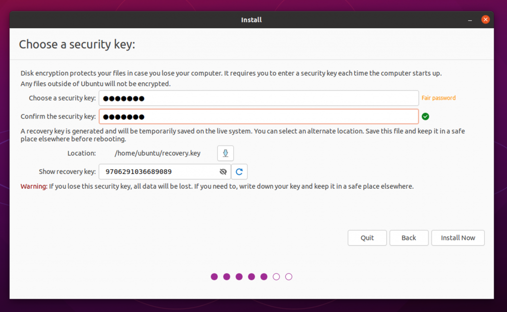 Recovery key option in Ubuntu installer
