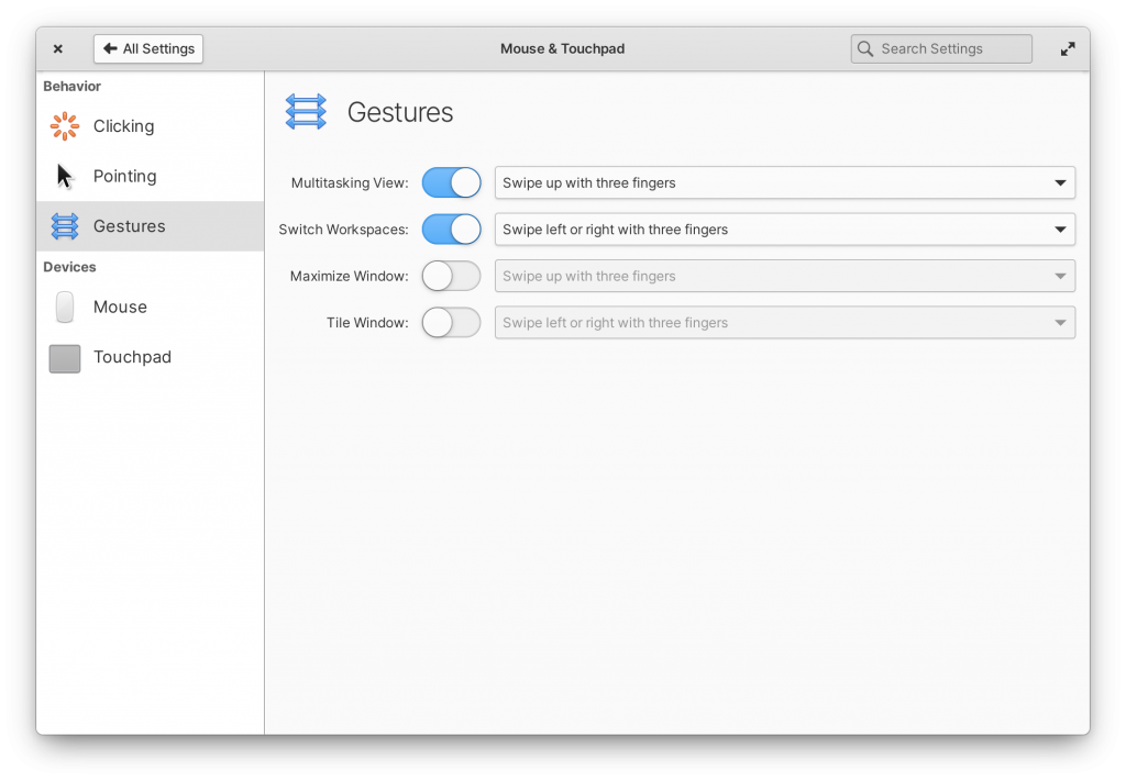 Multi touch gestures settings in elementary OS 6