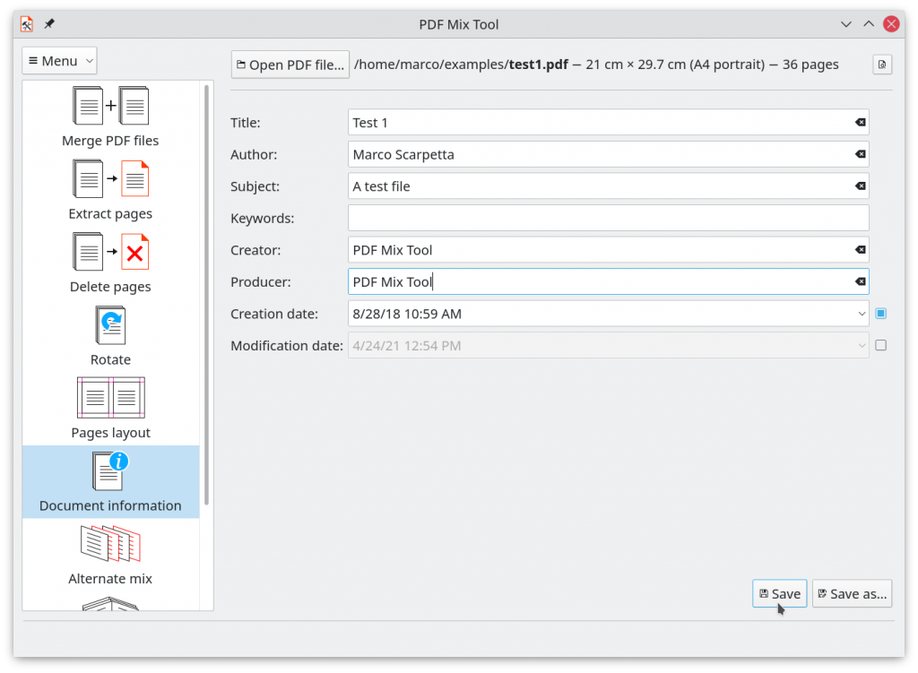 PDFMixTool has a metadata editing capability