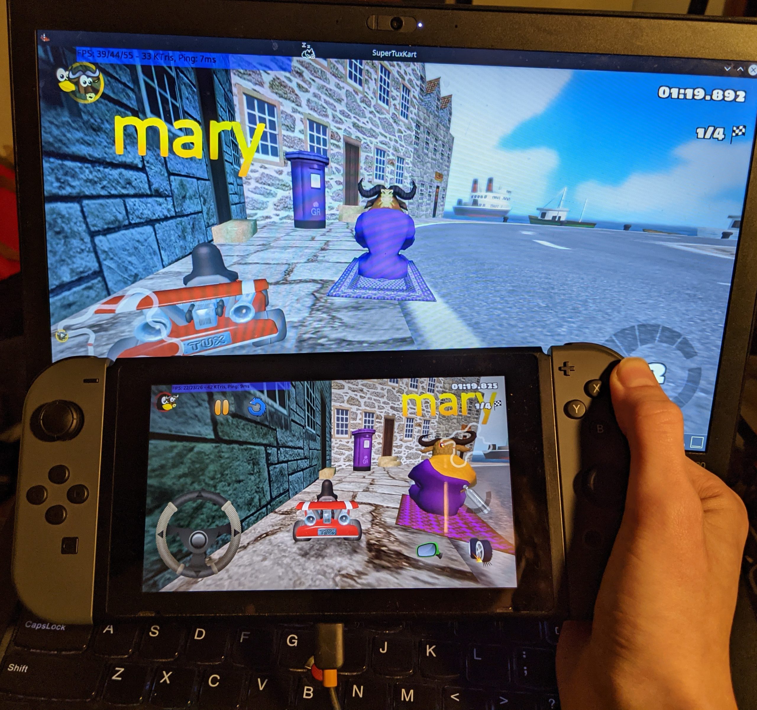 SuperTuxKart being played on the Switch
