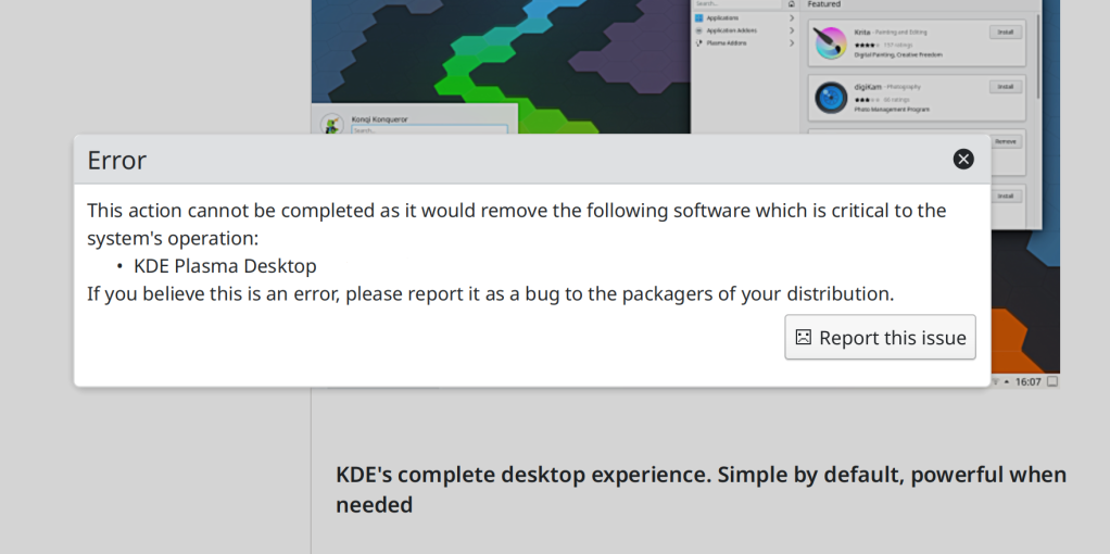 KDE Plasma disables removal of Plasma desktop