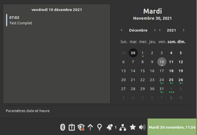 Calendar applet will show the events in Linux Mint 20.3