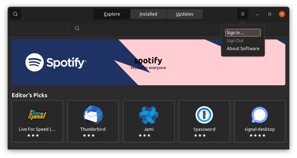 Sign in option in Ubuntu Software Center